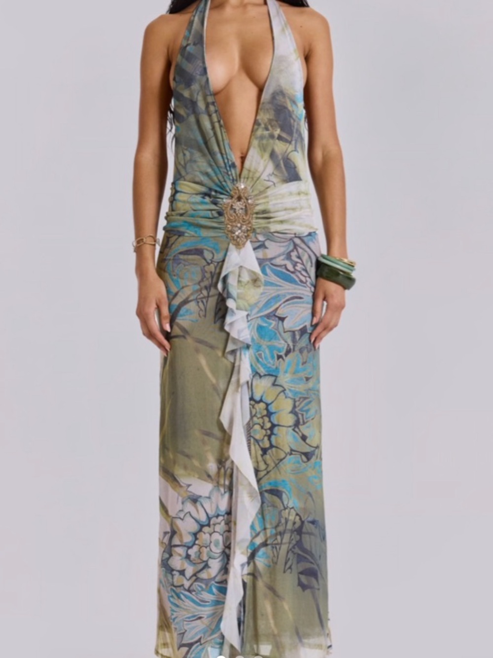 Jaded London Green-Blue Floral Plunge Maxi Dress